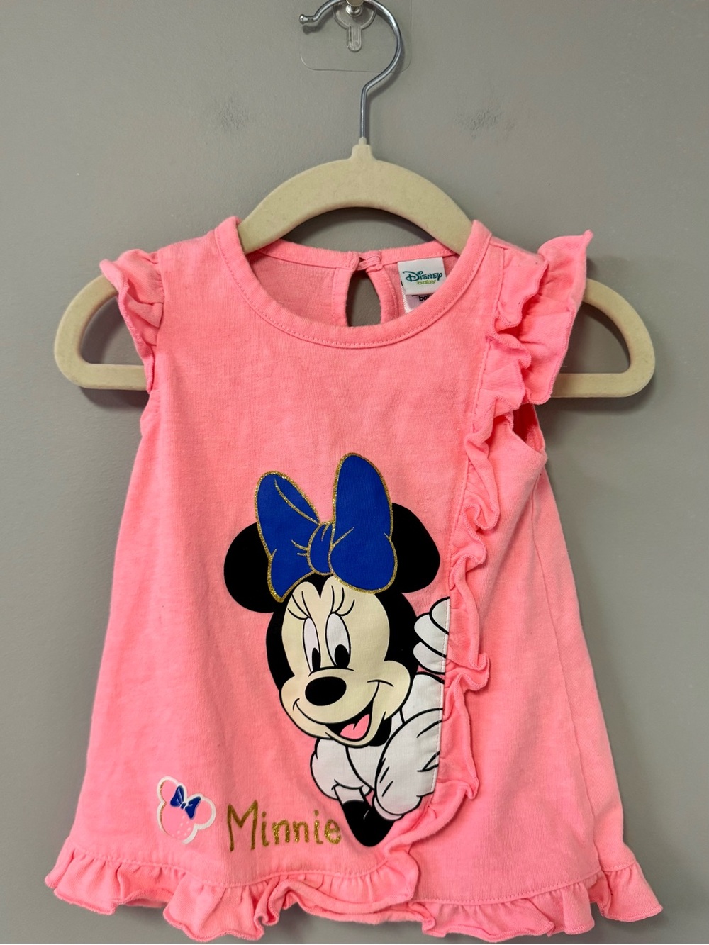 Disney Coral Pink Minnie Tank with Blue Bow Graphic